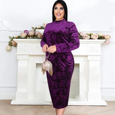 China Purple Plus Size Women's Plus Size Wniter Autumn Velvet Floral Plus Neck Maxi Dress High Waisted Faux Long Puff Sleeve for sale