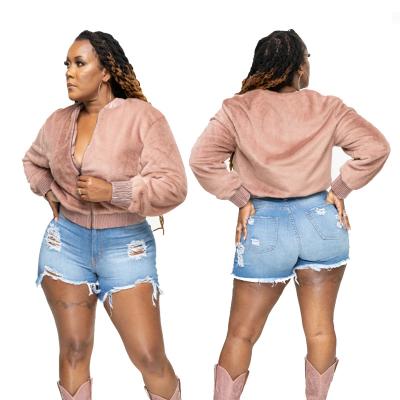 China Plus size plus size 2021 fall and winter coats for plus size women fashion 100% polyester casual gear long sleeve light pink short coat for sale