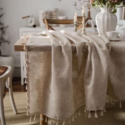 China Dustproof Rectangular American Country Household Polyester And Linen Tassels Table Cloth Decorative Polyester Tablecover Ads for sale