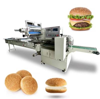 China Horizontal Automatic Food Bread Croissant Hamburger Bun Food Wrapping Machine Hamburger Plastic Sealing Packing Machine for sale