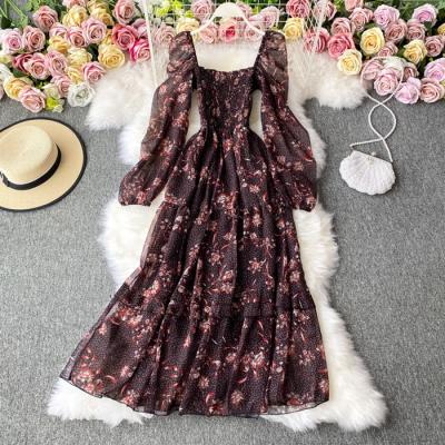 China Breathable European chic square neck long sleeve floral print dress fairy women slim waist dresses clothing wholesale for sale