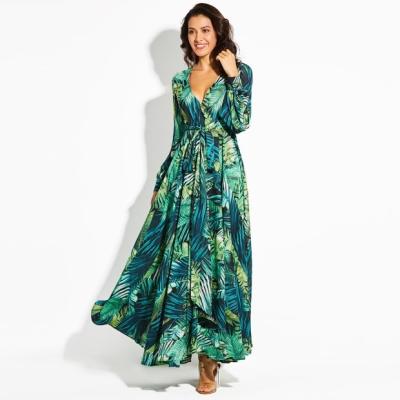 China Ihj2315 New Women's Spring Long Casual Dresses Breathable Sexy Leaf Printing Green Lantern Sleeve V-Neck Dress for sale