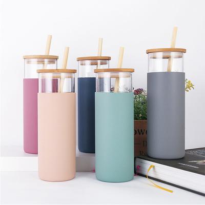 China New Arrival Viable Glass Tumbler Glass Water Bottle Travel Glass Mug with Bamboo Lid and Silicone Protective Sleeve Straw for sale