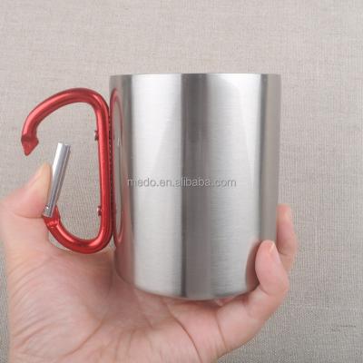 China Viable Custom Logo Pattern Mug 10Oz Carabiner Portable Keep Hot Drinks Double Wall Stainless Steel Mug With Carabiner for sale