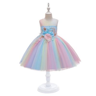 China 2021 Hot Selling Anti-wrinkle Kids Rainbow Princess Fancy Dress Girl Flower Applique Tutu Dress for sale