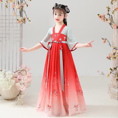 China Hanfu Anti-Static Chinese Style Girls Dress 3-14 Years Old Girls Dress Gradient Contrast Soft Fairy Skirt for sale