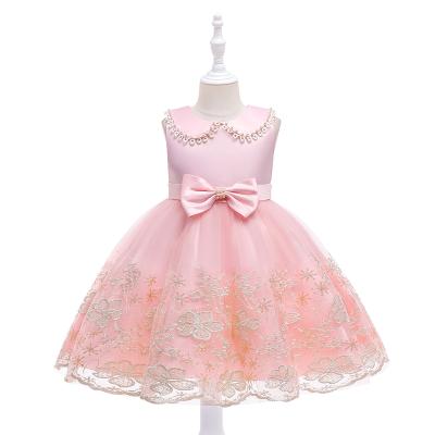 China Anti-static girls spill collar hand embroidered pearl dress, bow princess embroidered skirt, pengpeng yarn banquet girl dress for sale