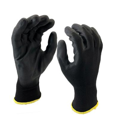 China Cheap Price Breathable Good Quality 13G Black Stretchy Polyester With Black PU Coated Glove for sale