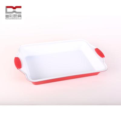 China Food Safety Standard Ceramic Coating Carbon Steel Iron Metal White Rectangle Shape Pan Roaster Baking Pan With Silicon Handle for sale