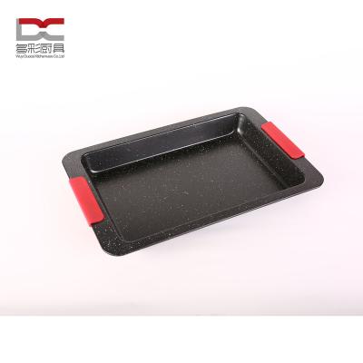 China Viable Factory Food Safety Silicon Handle Hot Selling Black Marble Carbon Steel Enamel Coating Baking Pan Baking Tray and Rotisserie for sale