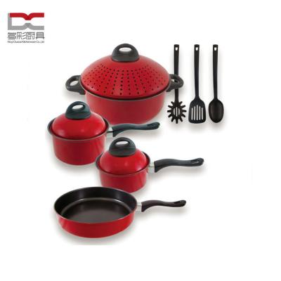 China Food Grade 10Pcs Carbon Steel Stick Cook Fry Pan Casserole Cookware Set Pasta Sustainable Pot Non Set With Tender Metal Cover for sale