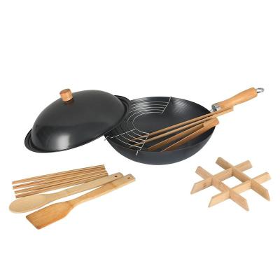 China 30cm Sustainable Carbon Steel Food Grade Non-Stick Coating Wok Set with Half Stainless Steel Rack &Spatula &Spoon & Chopsticks &Metal Lid for sale