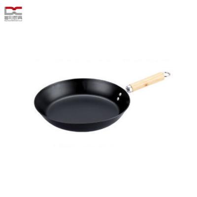 China BakelitHandle Food Safety Standard Carbon Steel Flatware Sustainable Wooden Black Nonstick Coating Flat Spiral Bottom Wok Frying Pan Kitchenwar for sale