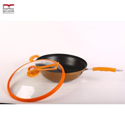 China Chinese Factory Supply High Quality Food Standard Non Carbon Steel Viable Stick Wok With Heat Temperature Glass Lid Set for sale