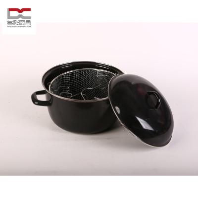 China 3Pcs Viable Enamel Deep Fryer Soup Casserole Potato Pot with Enamel and Stainless Steel Metal Cover Basket Rack for sale