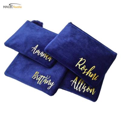 China Fashion China Manufacturer High Quality Blue Color Recycled Washable Zipper Bag Velvet Cosmetic Pouch With Gold Color Custom Logo Printed for sale