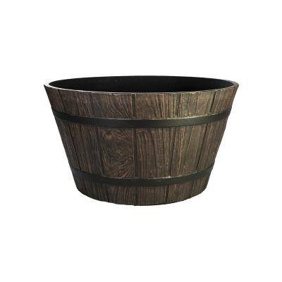 China Whiskey Resin Flower Pot Outdoor Wooden Barrel Flower Pot Durable Material Barrel Planter For Garden Yard Patio for sale