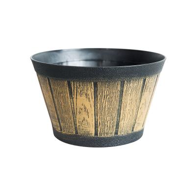 China Hot Sale Lightweight 6 Inch 7.9 Inch Round Durable Plastic Wood Texture Whiskey Barrel Planter for sale