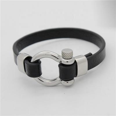 China Stainless Steel Stainless Steel Screw Shackles Leather Bracelet For Men for sale