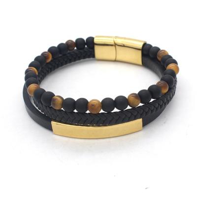 China FASHIONABLE Multi Leather Bracelet With Naturla Mens Bracelet Jewelry Stainless Steel Stone Magnetic Clasp for sale