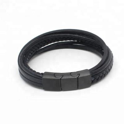 China Stainless Steel Cowhide Braided Multilayer Magnetic Wrap Bracelet for sale