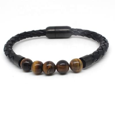 China Hot Sale Stainless Steel Men's Tiger Eye Bead Leather Bracelet for sale