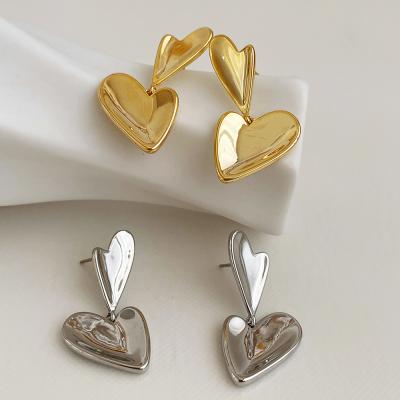 China Best New TRENDY Selling EH21169 Metal Double Heart Gold Silver Plated Alloy Drop Earrings Women Jewelry Aretes for sale