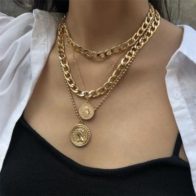 China Trendy XL21051 Best Selling Punk Multilayer Avatar Link Chain Gold Alloy Necklace Women Jewelry Pendant Jewelry for sale