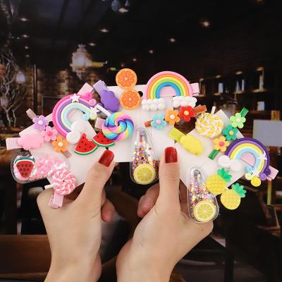 China Fashionable cute color rainbow cartoon fruit hairpin set edging clip platypus clip kids hair accessories women handmade fashion hair rope for sale