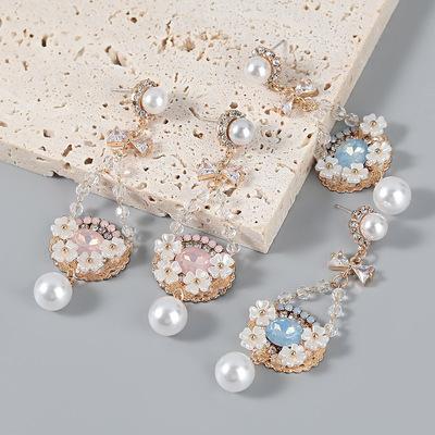 China TRENDY Vintage Big Exaggerated Crystal Acrylic Flower Drop Earrings Pearl 2021 Women Fashion Jewelry Custom Statement Earrings for sale