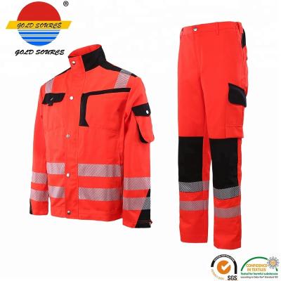 China EN471 Hi Vis Fluorescent Red Workwear Safety Work Jacket Pants Suit Jacket Pants Suit With Heat Seal Segmented Tape for sale