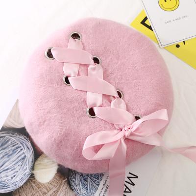 China COMMON Knitted Faux Cashmere Beret Hat Winter Beret Hat with Ring Holes and Ribbon Spring Fall for sale