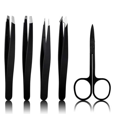 China Professional Black Leather PU 5Pcs Eyebrow Trimmer Stainless Steel Eyebrow Tweezers Set Eyebrow Tweezers and Scissors for sale