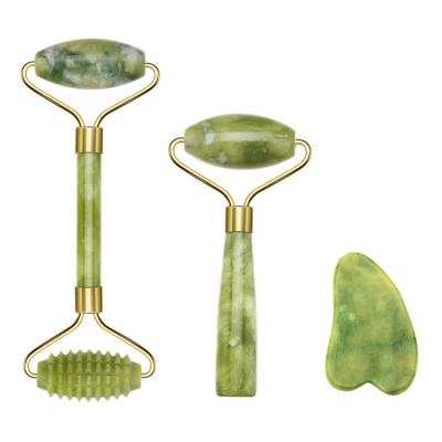 China 3Pcs Ridge Face Jade Natural Facial Roller and Gua Sha Set Premium Green Face Massage Anti Aging High Quality Custom Made Tranquil Jade Roller for sale