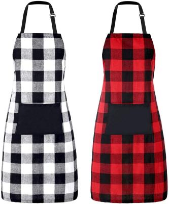 China Eco-friendly and reusable buffalo adjustable black white plaid fabric cotton decor christmas plaid checker kitchen red black apron with big pocket for sale