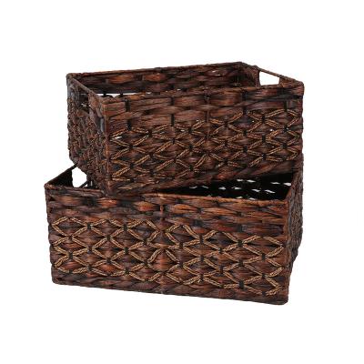 China Sustainable Hot Brown Grass Storage Basket Rectangle Woven Handmade Sea Grass Basket With Iron Shelf for sale