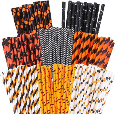 China Disposable Halloween Party Pumpkin Bat Wave Wholesale 8 10mm Printing Biodegrad Eco Friendly Disposable Biodegradable Paper Straws for sale