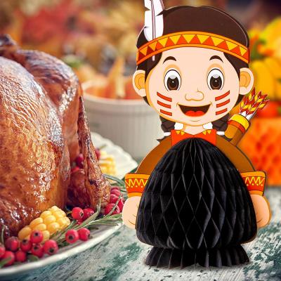 China Paper Table Topper Indians Standing Tissue Party Thanksgiving Honeycomb Decoration Turkey Pumpkin Centerpiece Autumn Harvest Pompoms for sale