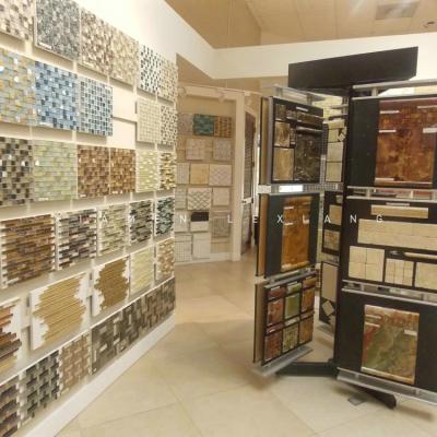 China 2020 Metal Ceramic MultifunctionWood+ Tile Display Rack Popay Showroom Display For Mosaic Sample Panel MDF Board Shelf for sale