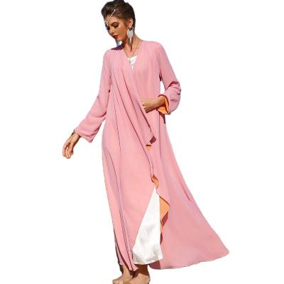 China High Quallity Double layer chiffon two sided long sleeve cardigan robe abya dubai islamic with belt for sale