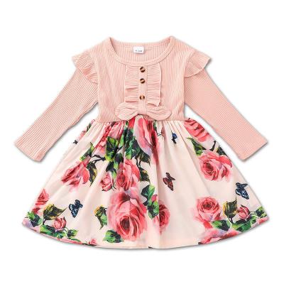 China Anti-Wrinkle In Running Children Clothes Baby Bow Button Flower Print T-shirt Dress Autumn Long Sleeve Casual Dress for sale