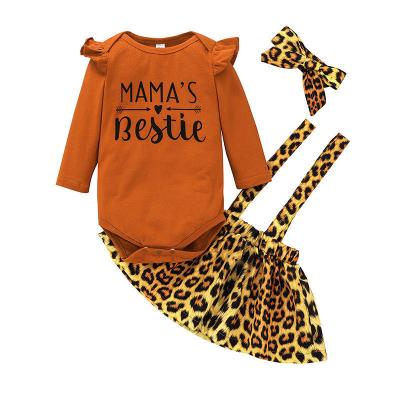 China Anti-Shrink Newborn Baby Clothes Clothing Sets Long Sleeve Romper Leopard Print Strap Skirt Headband 3Pcs Sets for sale