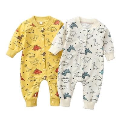 China New 100% Cotton Cartoon Baby Clothes Dinosaur Printing Autumn Cotton Button Baby Cartoon Romper Jumpsuit for sale