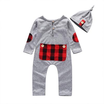 China New Design 100% Cotton Baby Boy Girl Romper Overalls Patch Pocket Fall Long Sleeve Newborn Clothes Set With Hat for sale