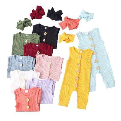 China Cute Baby Sleeveless Button Knitted Soft 100% Cotton Anti-Shrink Summer One-Piece Romper With Headband for sale