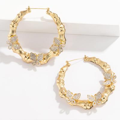 China Hyperbole Butterfly Gold Plated Bamboo Chic Fashion Large Spell Zircon Statement Circle Earrings Women for sale