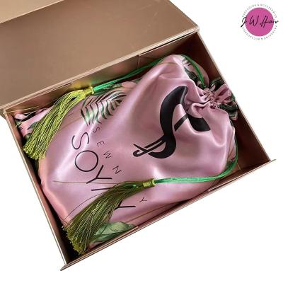 China Gift Women Lingerie Bags with Custom Tassels All Over Logo Printed Rose Gold Silk Satin Luxury Tassel Bag for sale