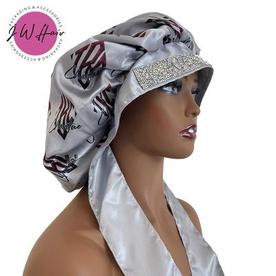 China Custom Crystal Head Tie Bonnet For Sleeping Wigs Soft Smooth Feeling Adjustable Satin Head Wrap for sale