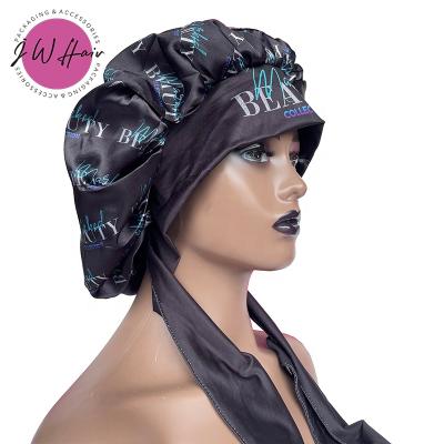 China Sweet Soft Feeling All Over Logo Printed Women's Spandex Double Layer Satin Hood Silky Sleeping Bonnet for sale