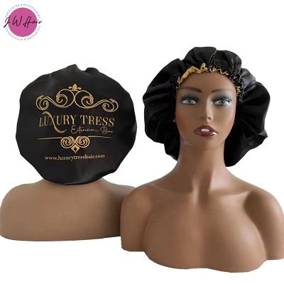 China Luxury Logo Satin Hair Bonnet With Adjustable Strap High Quality Smooth Soft Feeling Custom Gold Foil Satin Hair Bonnet for sale